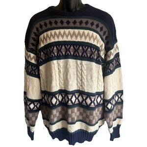 Vtg Royal Knight Grandpa Sweater Abstract Pattern Geometric Checkers Chunky Blue